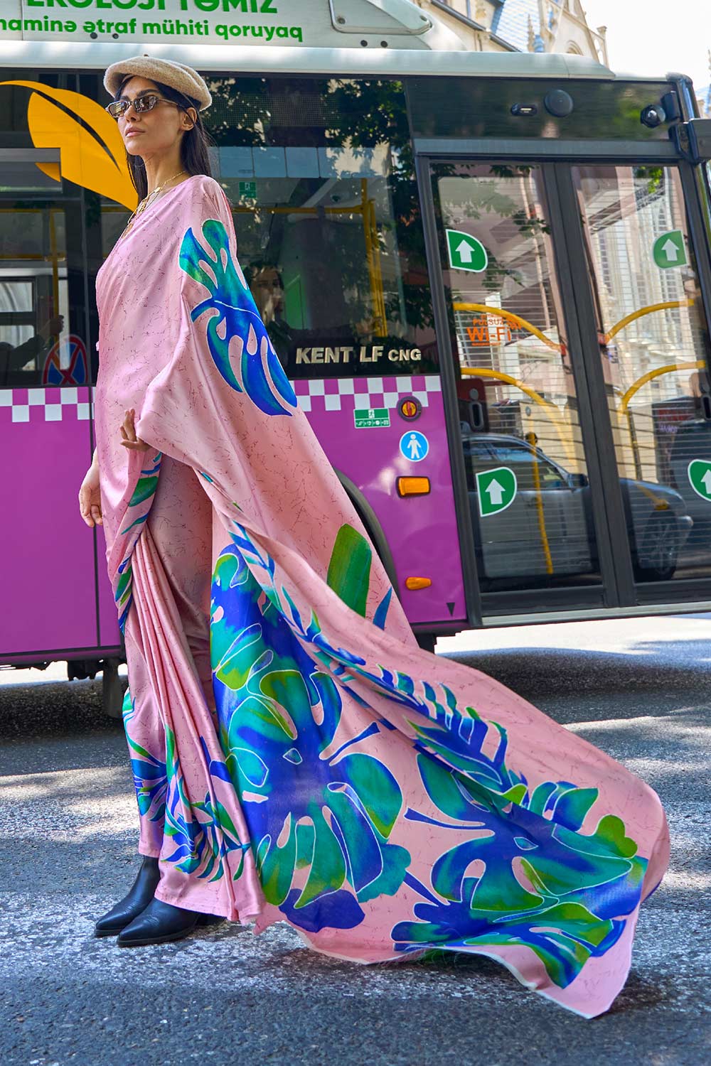 Amal Lavender Floral Print Satin Crepe One Minute Saree