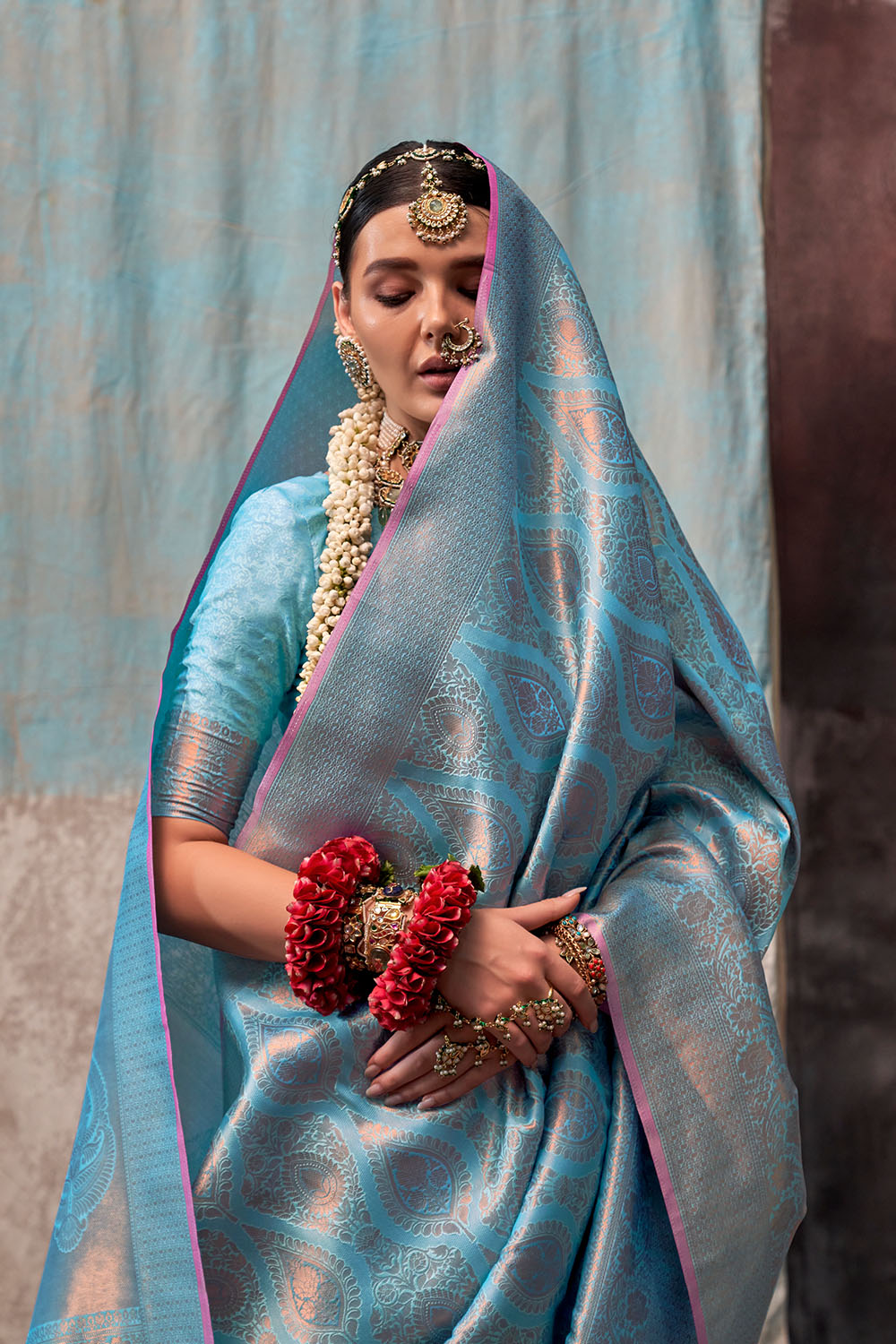Jabari Blue Silk Woven Ready to Wear One Minute Saree