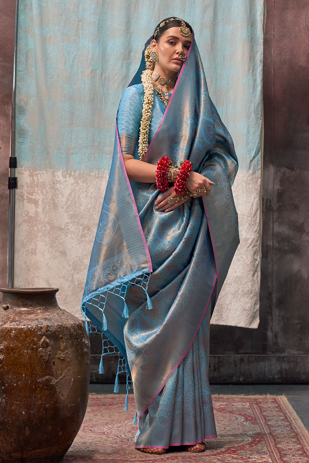 Jabari Blue Silk Woven Ready to Wear One Minute Saree