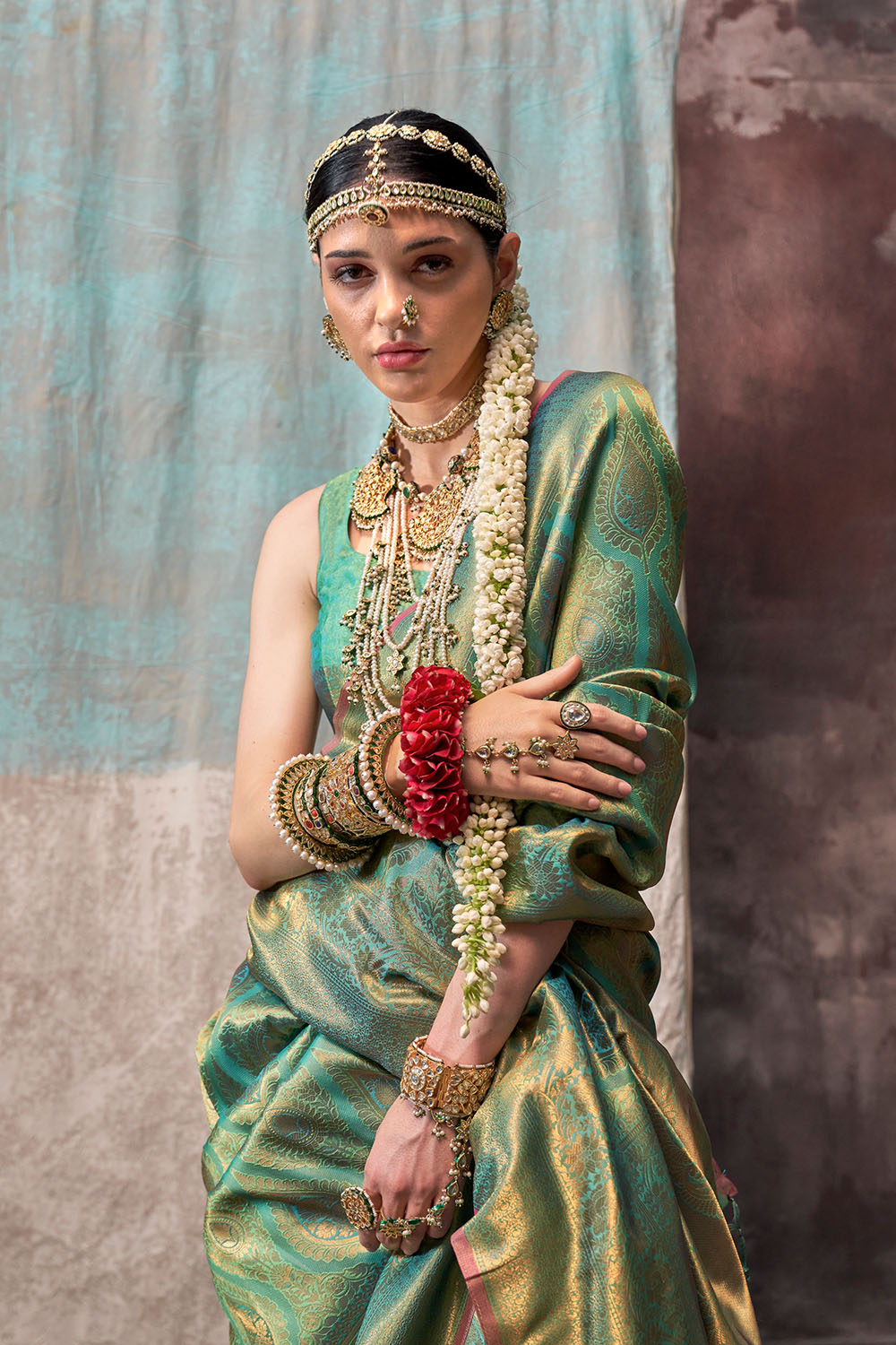 Jabari Green Silk Woven Ready to Wear One Minute Saree