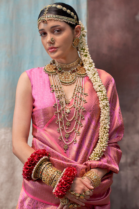 Jabari Pink Silk Woven Ready to Wear One Minute Saree
