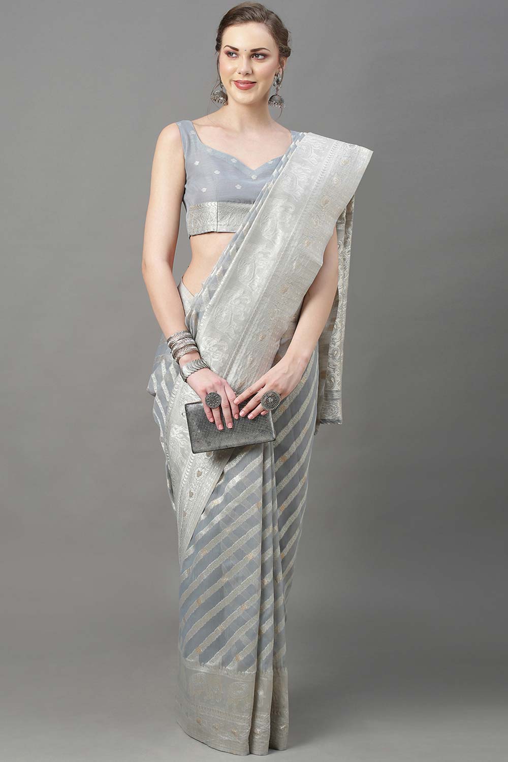 Liba Grey Cotton Zari One Minute Saree