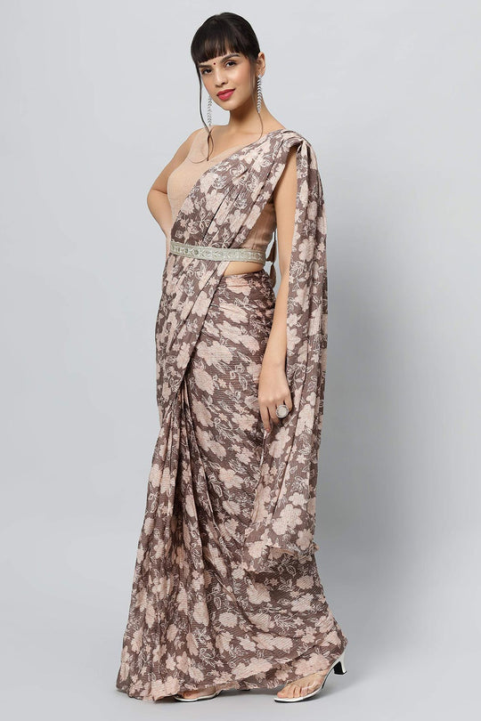 Chloe Beige Georgette Floral Sequence Ready to Wear One Minute Saree