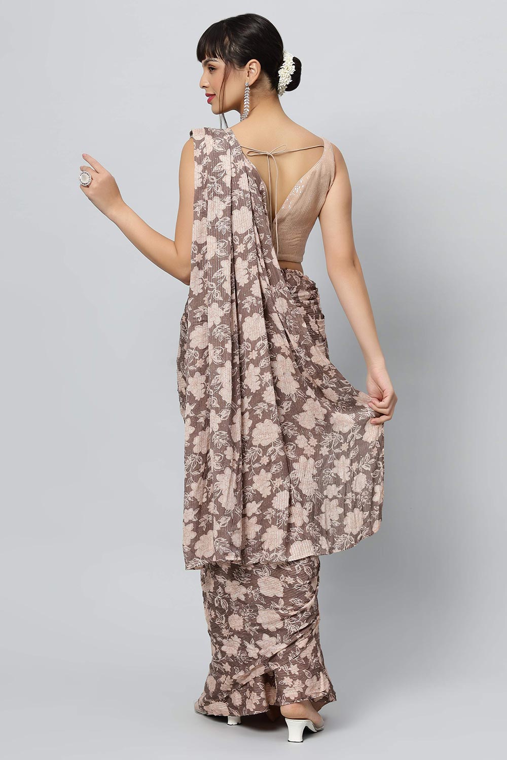 Chloe Beige Georgette Floral Sequence Ready to Wear One Minute Saree