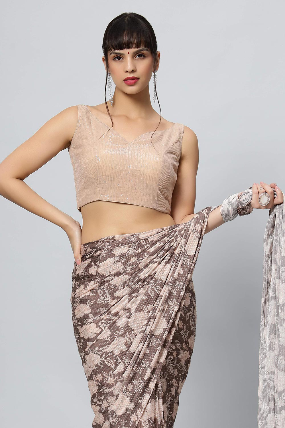 Chloe Beige Georgette Floral Sequence Ready to Wear One Minute Saree