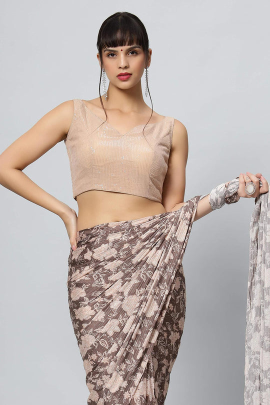 Chloe Beige Georgette Floral Sequence Ready to Wear One Minute Saree