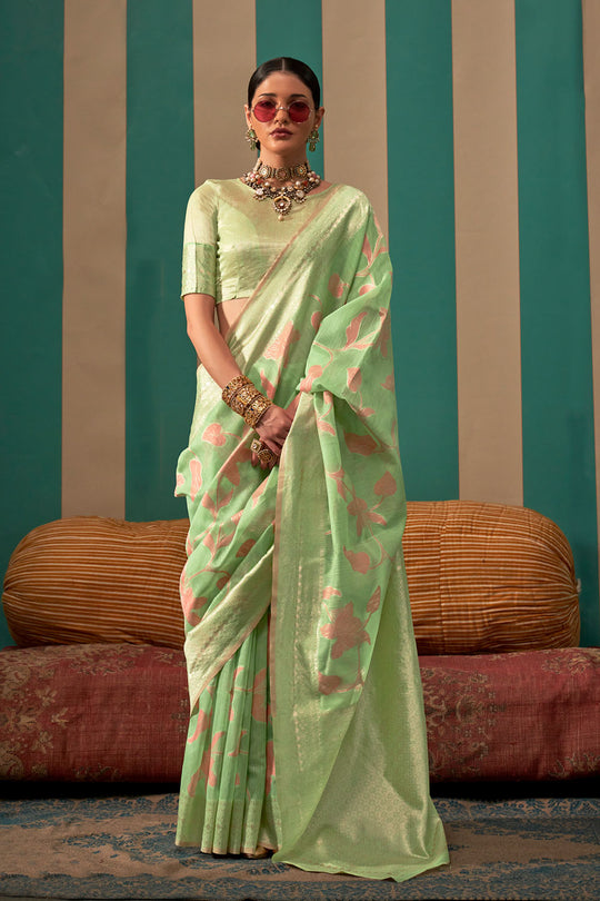 Nala Pistachio Green Silk Woven Ready to Wear One Minute Saree