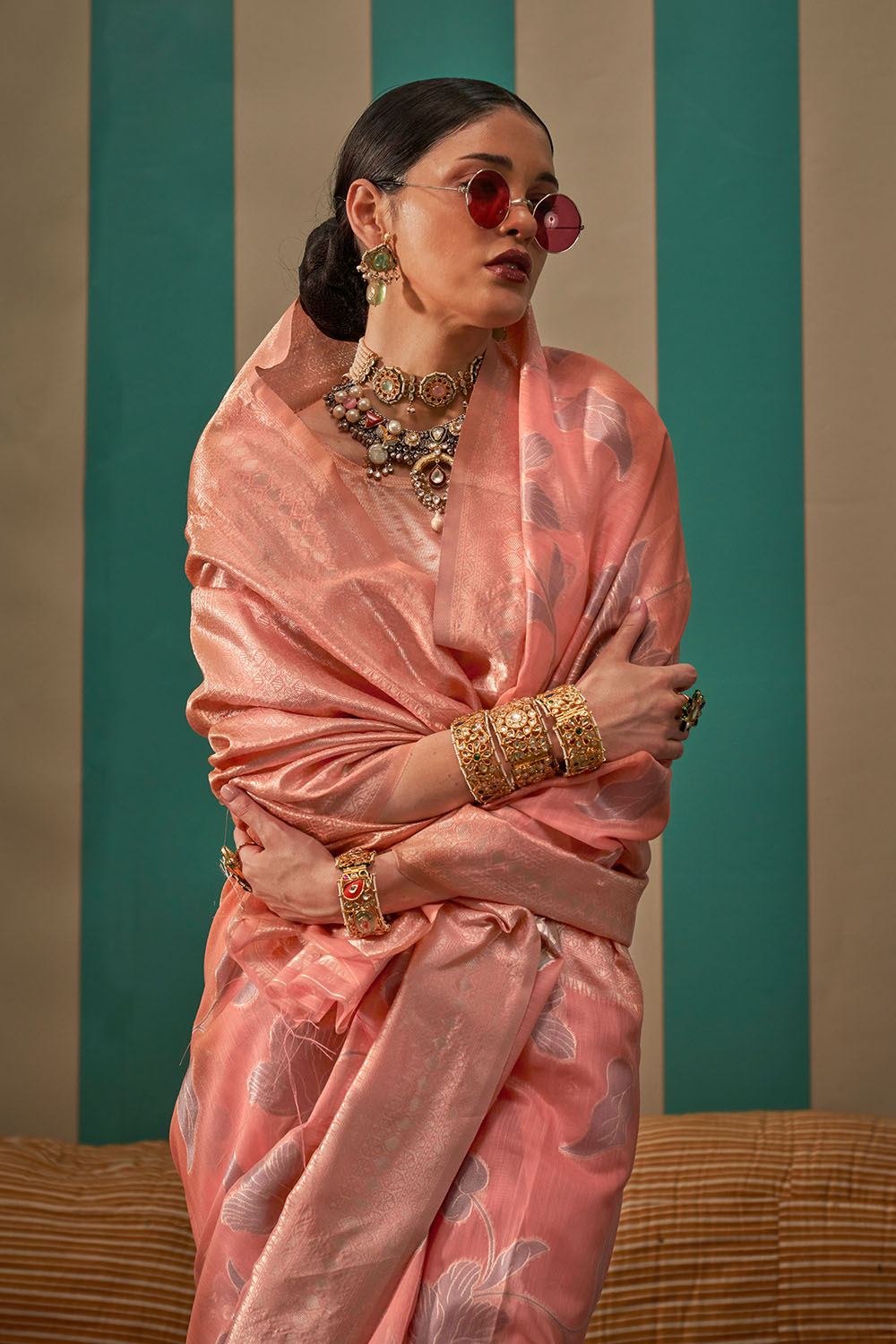 Nala Peach Silk Woven Ready to Wear One Minute Saree