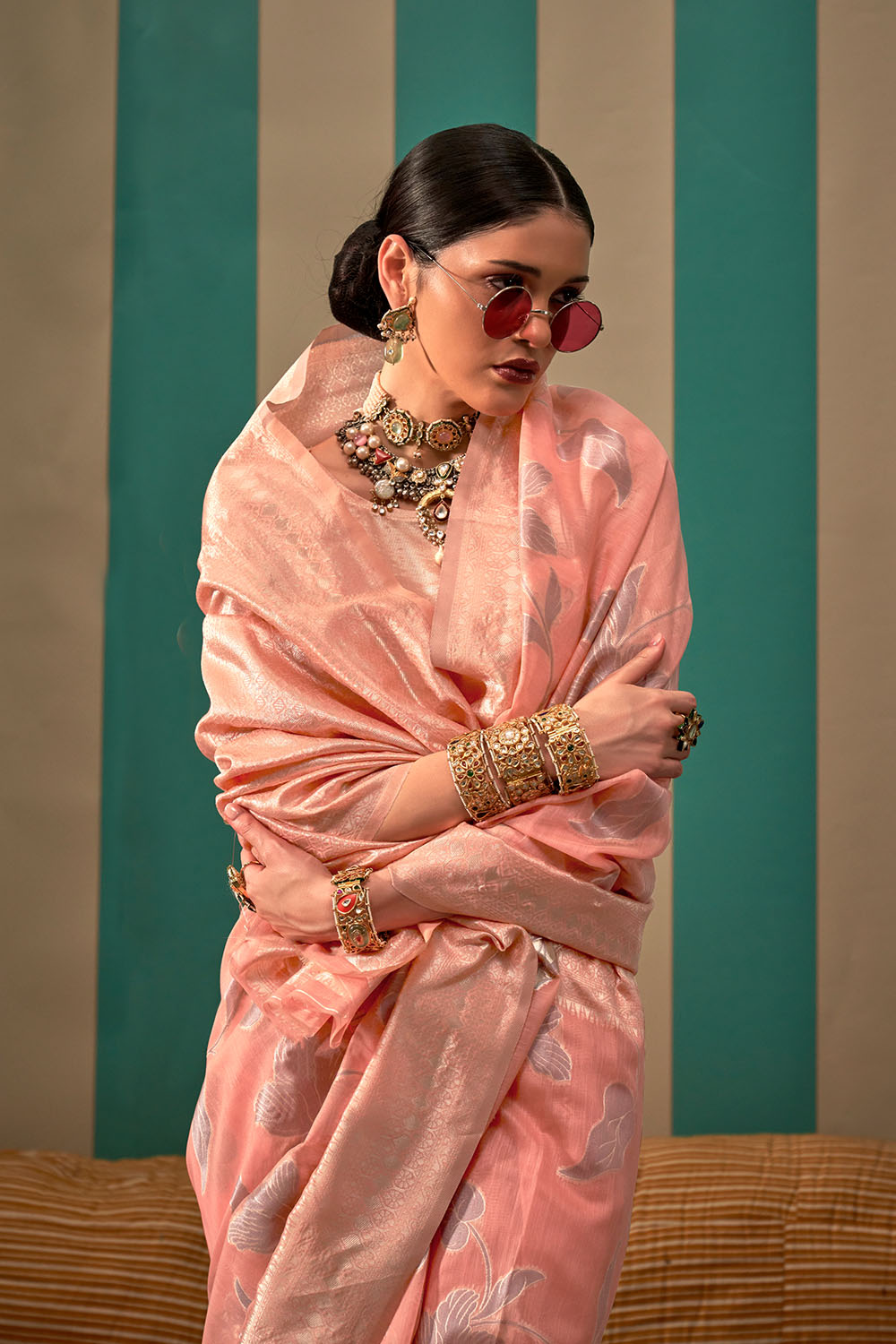Nala Peach Silk Woven Ready to Wear One Minute Saree