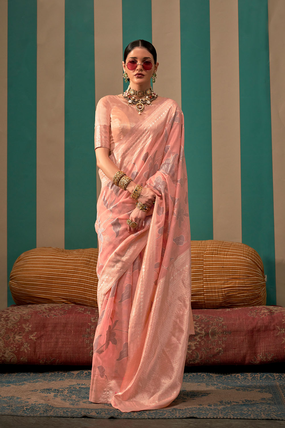 Nala Peach Silk Woven Ready to Wear One Minute Saree