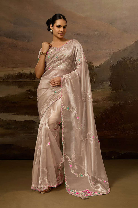 Deana Luxe Dusty Rose Pink Tissue Organza Cutdana Mirror Work Ready to Wear Saree