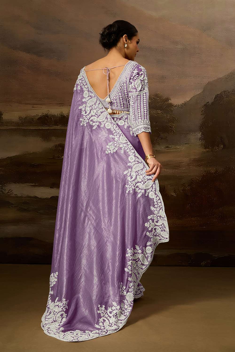 Kora Purple Soft Organza Embroidered Border Ready to Wear Saree