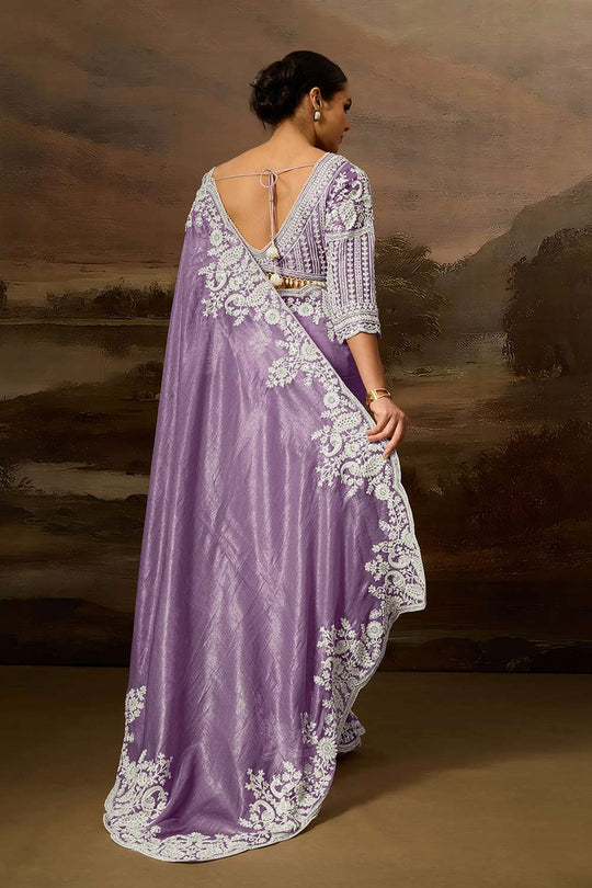 Kora Purple Soft Organza Embroidered Border Ready to Wear Saree