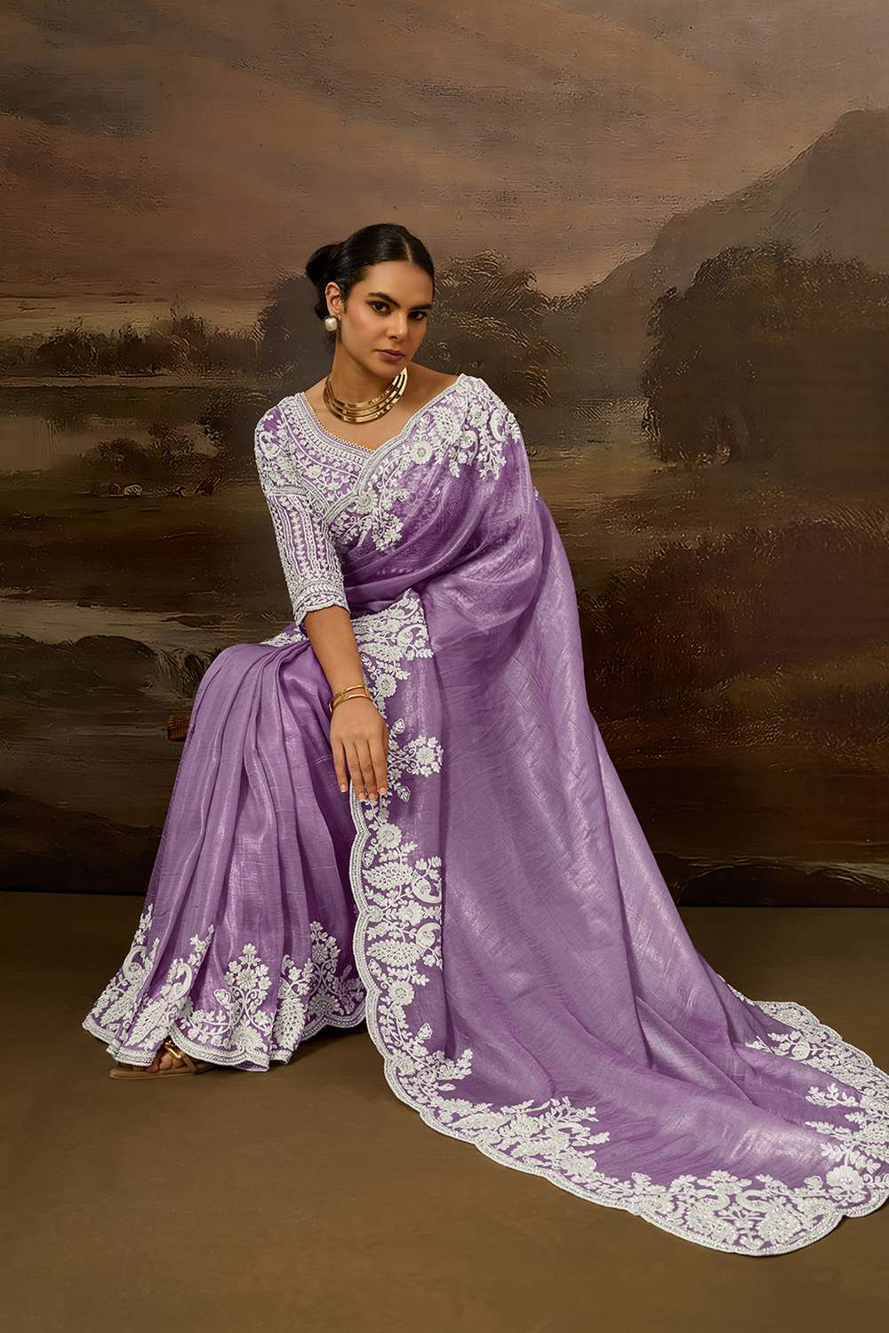 Kora Purple Soft Organza Embroidered Border Ready to Wear Saree