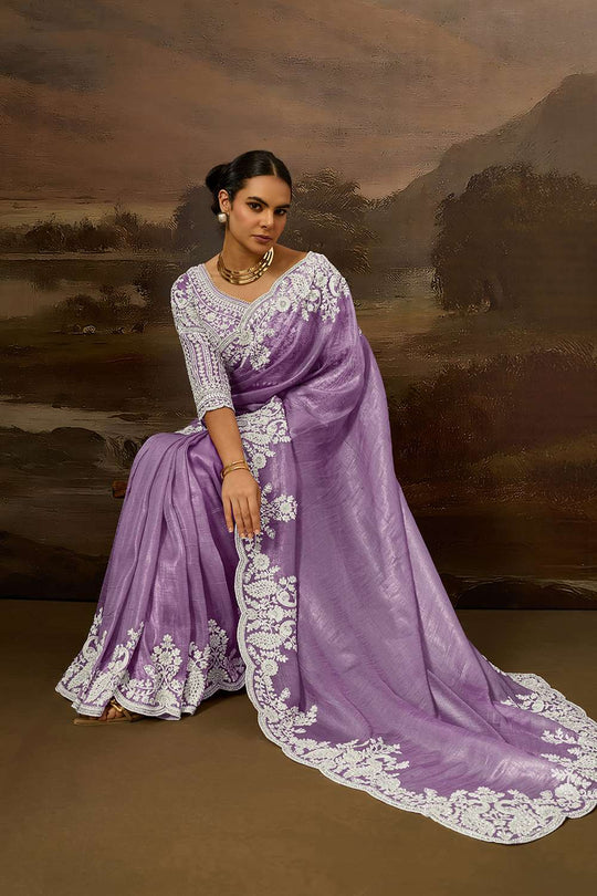 Kora Purple Soft Organza Embroidered Border Ready to Wear Saree