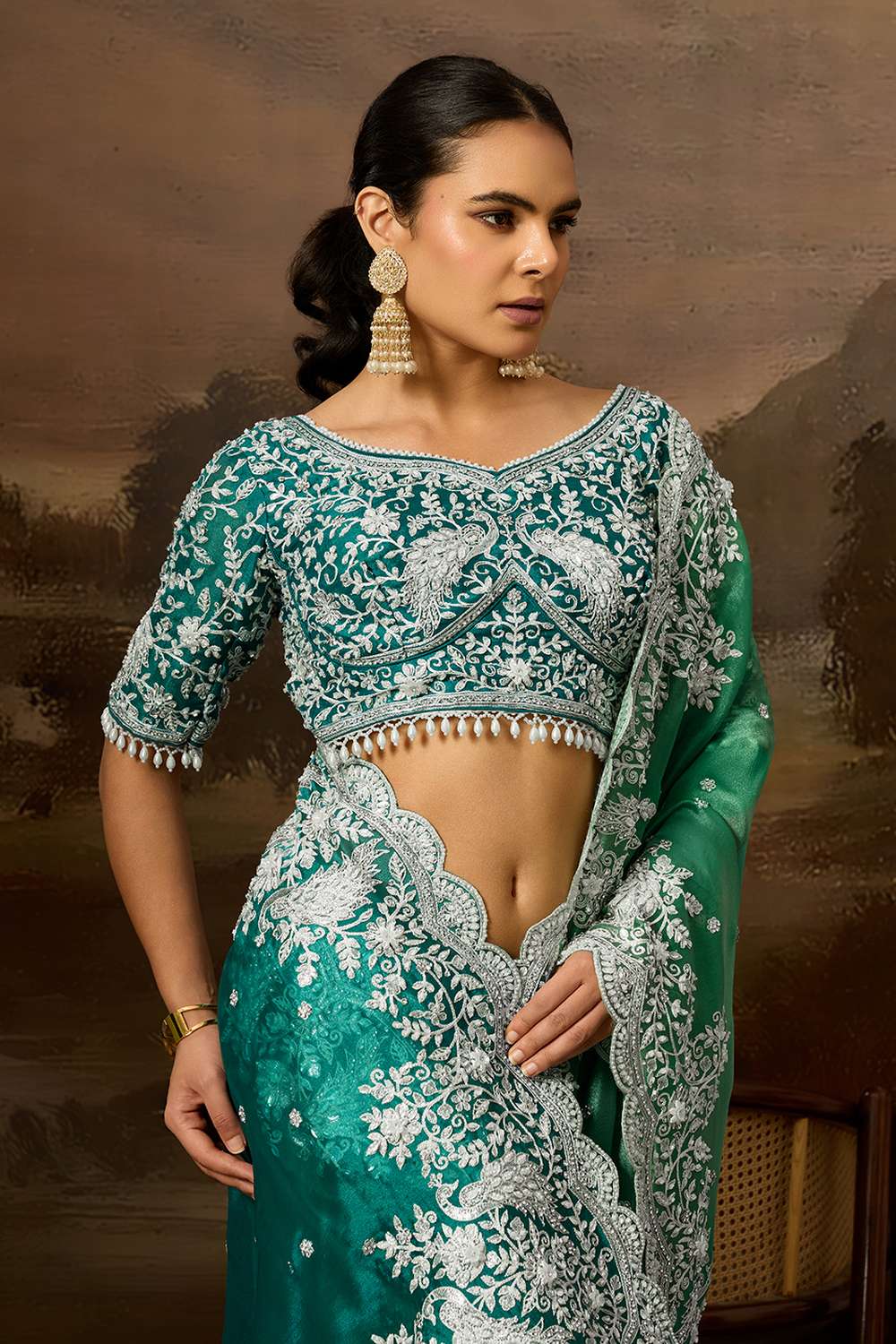 Fiora Luxe Teal Tissue Organza White Embroidered Border Ready to Wear Saree