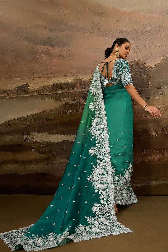 Fiora Luxe Teal Tissue Organza White Embroidered Border Ready to Wear Saree