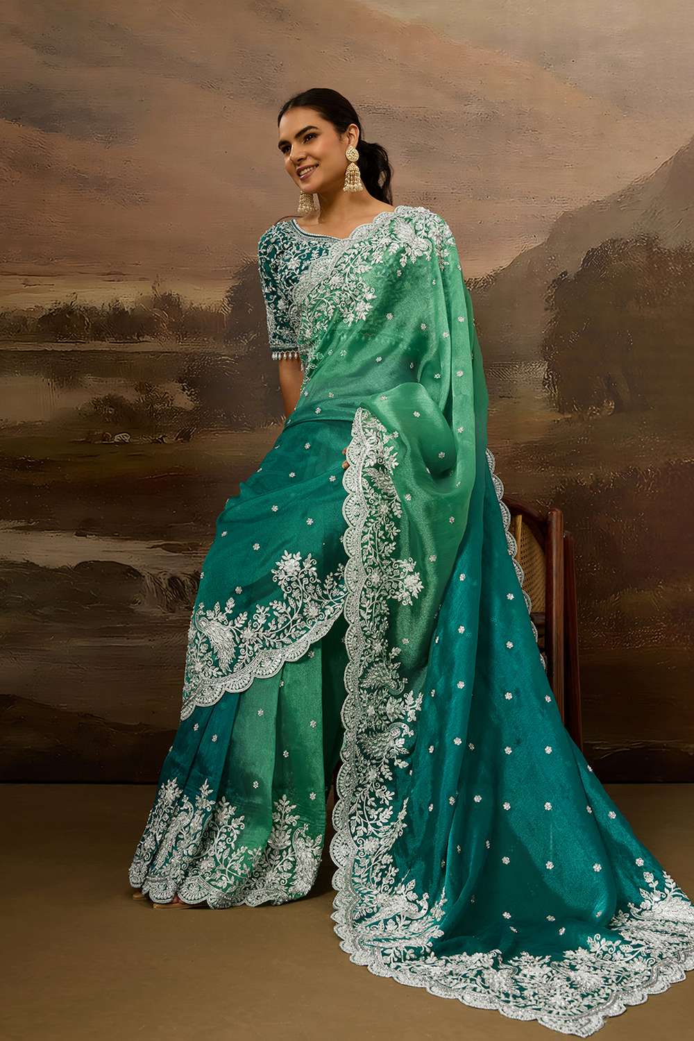 Fiora Luxe Teal Tissue Organza White Embroidered Border Ready to Wear Saree
