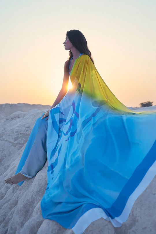 Trisha Blue & Yellow Printed Saree One Minute Saree