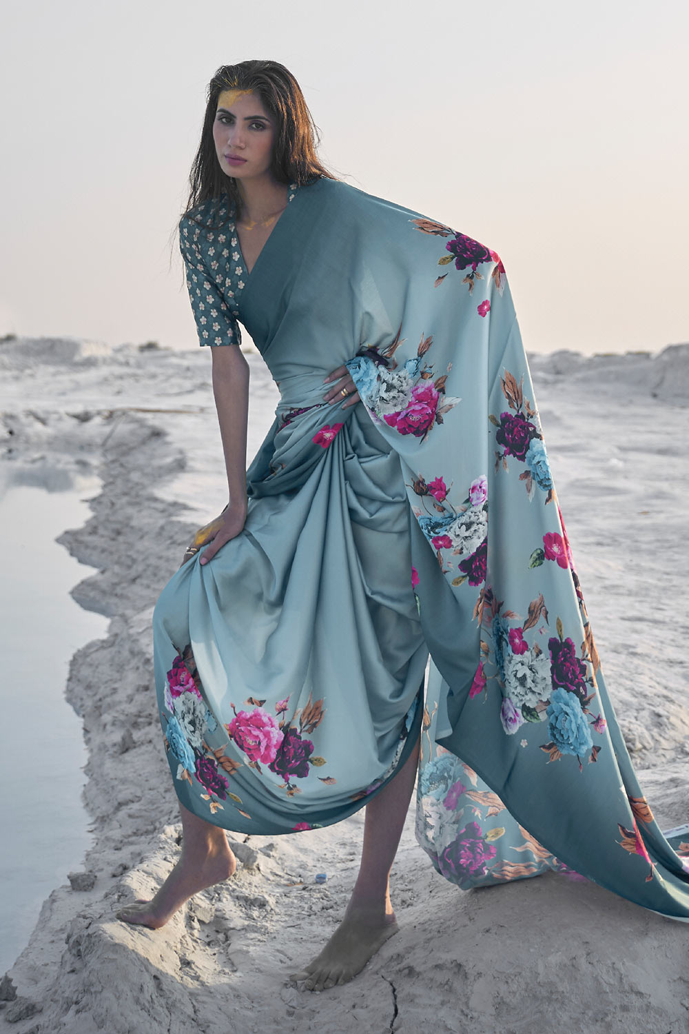 Trisha Bluish Grey Floral Printed Saree One Minute Saree