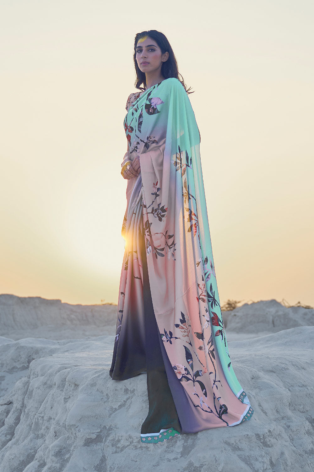 Trisha Peach & Green Digital Printed Saree One Minute Saree