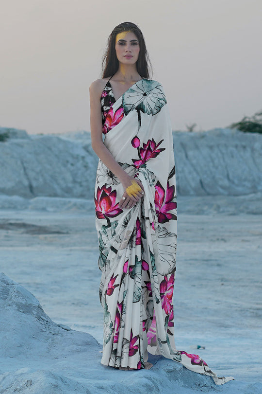 Trisha White Floral Printed Saree One Minute Saree