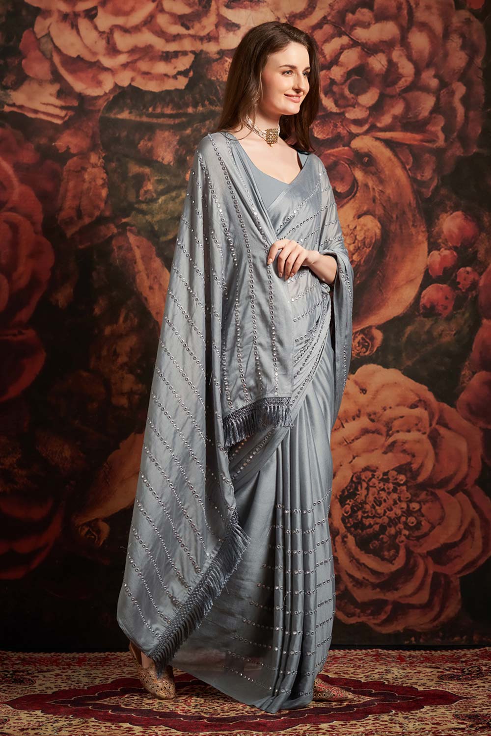 Naomi Grey Georgette Mirror Sequin One Minute Saree