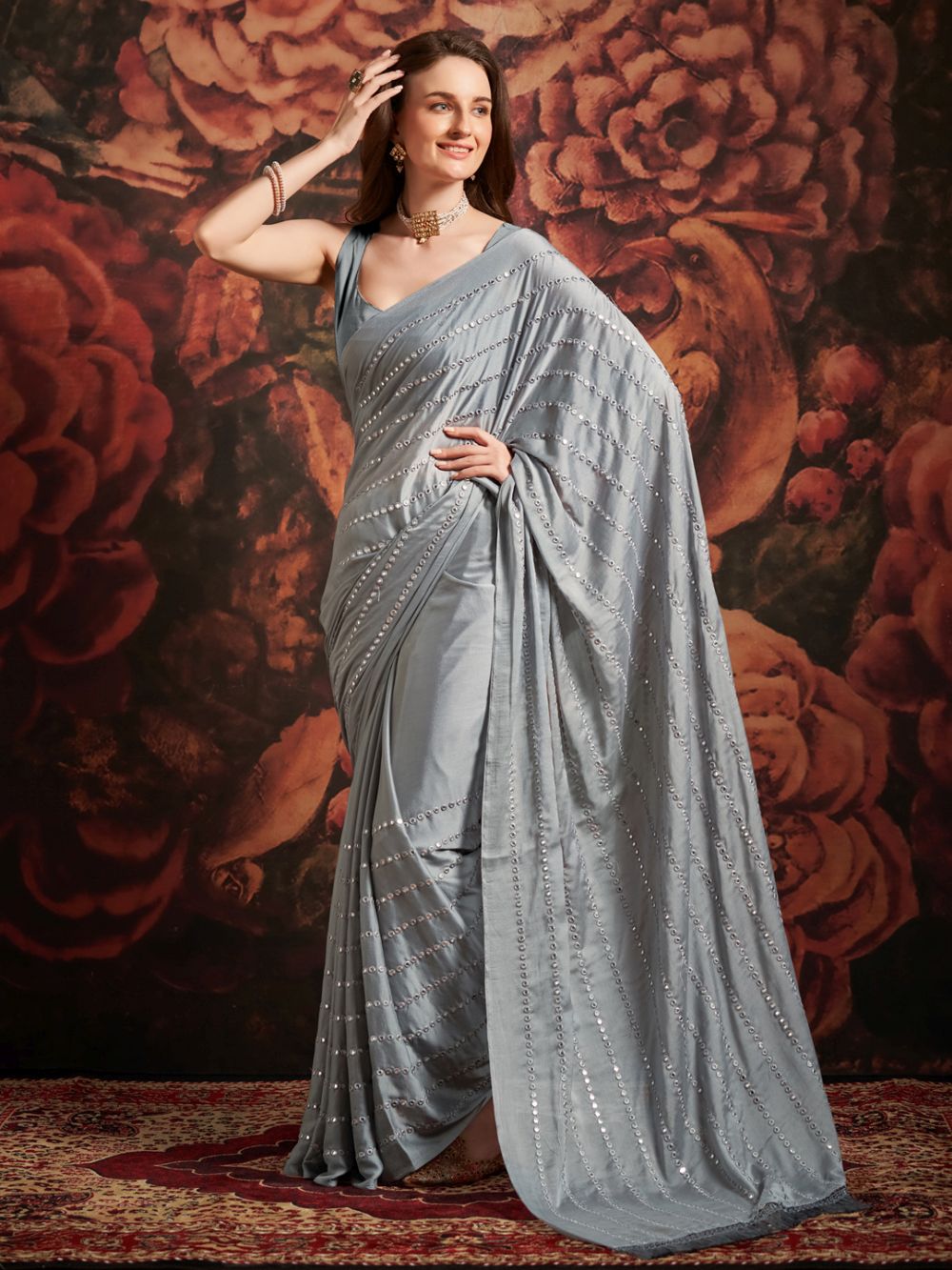 Naomi Grey Georgette Mirror Sequin One Minute Saree