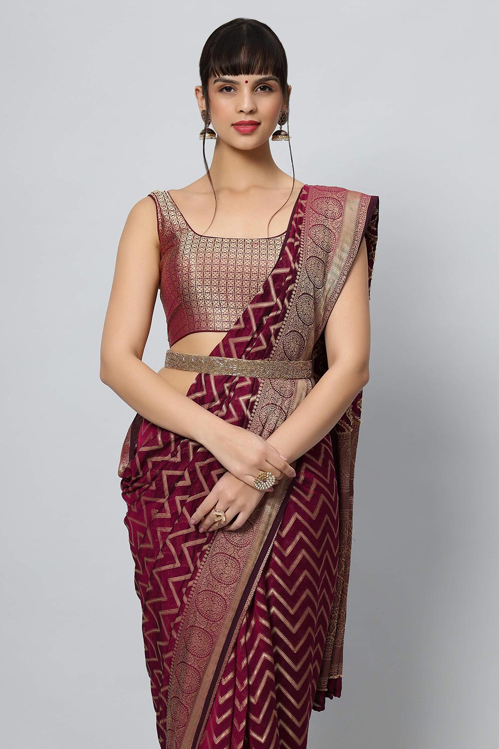 Lucia Wine Gold Zigzag Embroidered Light Ready to Ship One Minute Saree