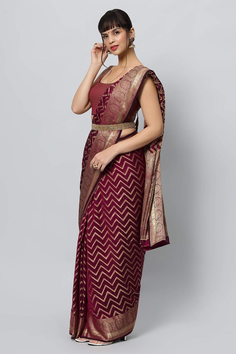 Lucia Wine Gold Zigzag Embroidered Light Ready to Ship One Minute Saree