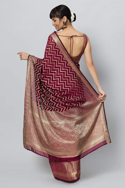 Lucia Wine Gold Zigzag Embroidered Light Ready to Ship One Minute Saree