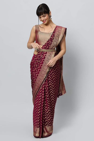 Lucia Wine Gold Zigzag Embroidered Light Ready to Ship One Minute Saree