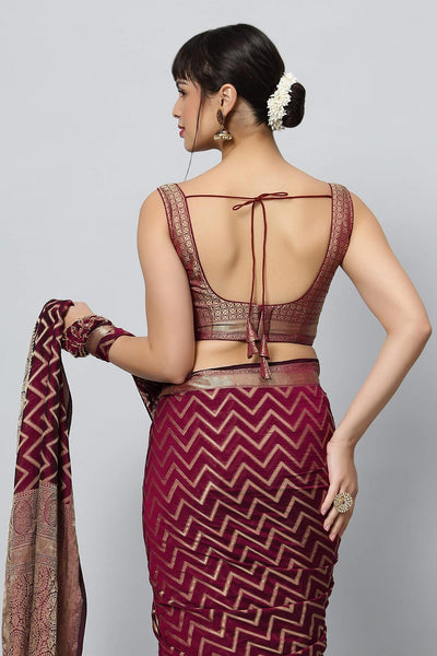 Lucia Wine Gold Zigzag Embroidered Light One Minute Saree