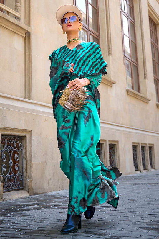 Amal Teal Abstract Print Satin Crepe One Minute Saree