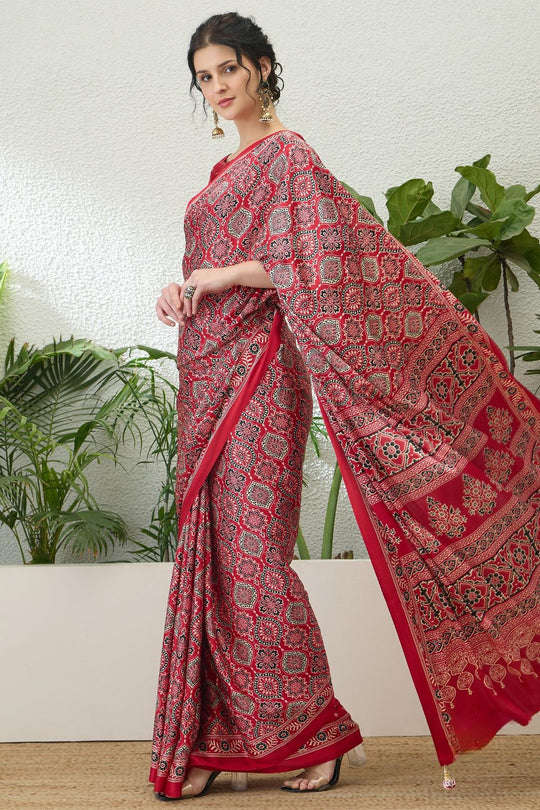 Anouk Red Modal Classic Ajrakh Printed Ready to Wear One Minute Saree