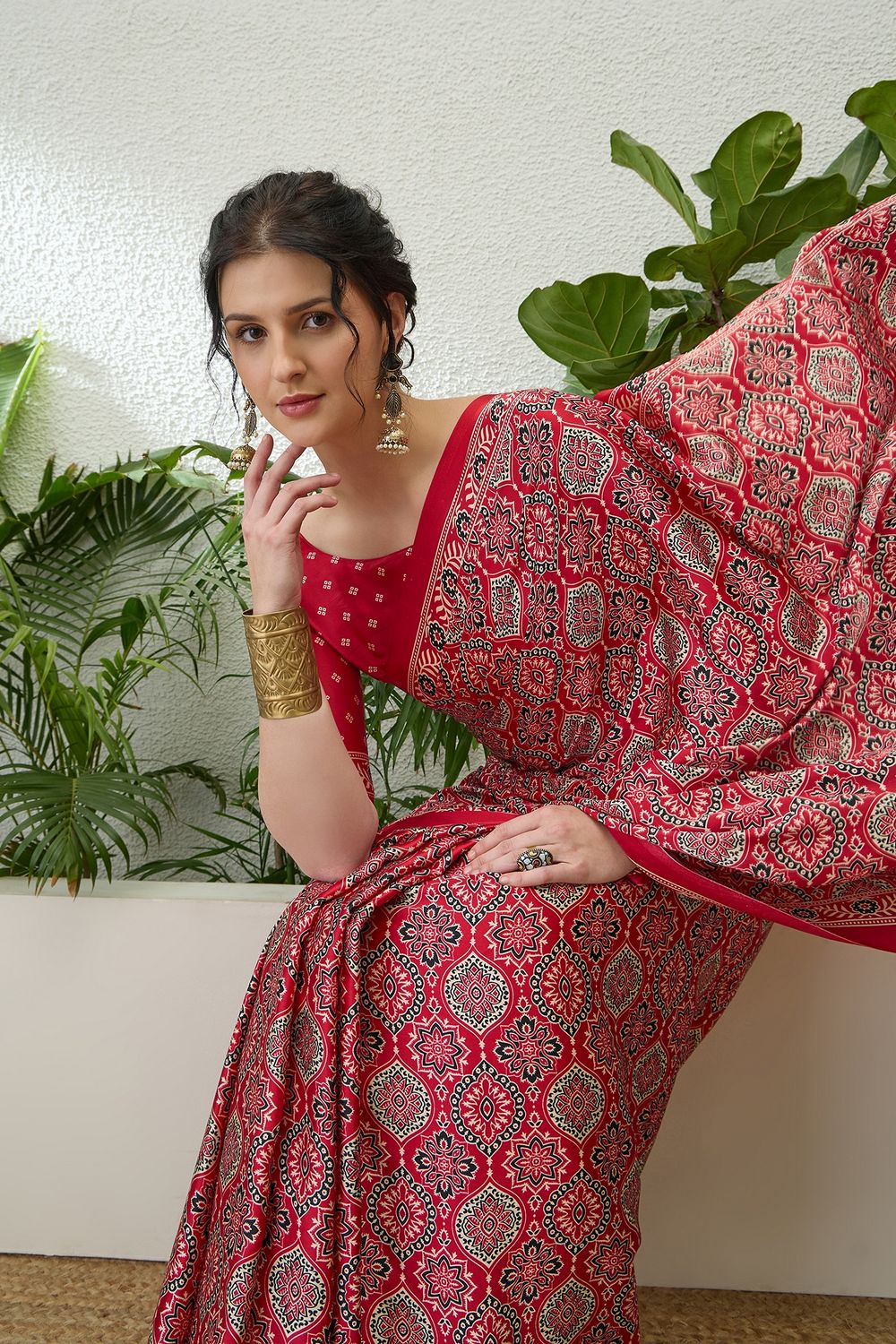 Anouk Red Modal Classic Ajrakh Printed Ready to Wear One Minute Saree