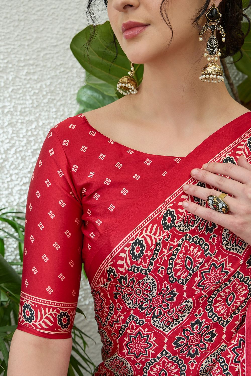 Anouk Red Modal Classic Ajrakh Printed Ready to Wear One Minute Saree