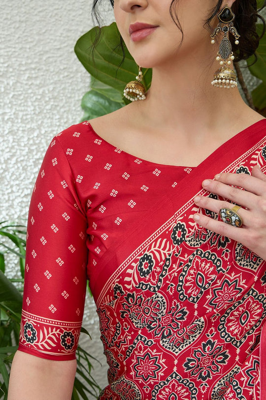 Anouk Red Modal Classic Ajrakh Printed Ready to Wear One Minute Saree