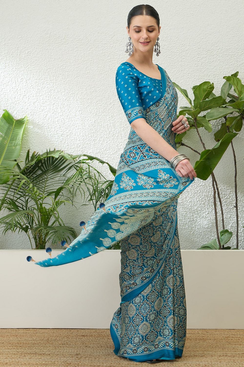 Anouk Teal Blue Modal Classic Ajrakh Printed Ready to Wear One Minute Saree