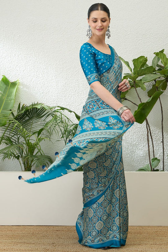 Anouk Teal Blue Modal Classic Ajrakh Printed Ready to Wear One Minute Saree