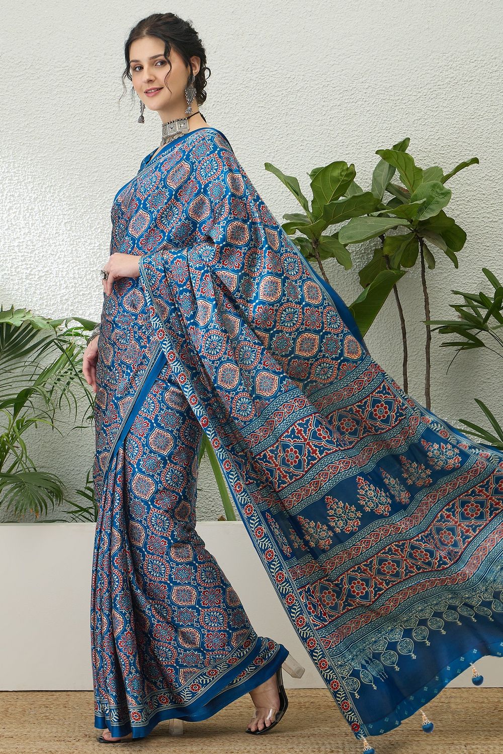 Anouk Blue Modal Classic Ajrakh Printed Ready to Wear One Minute Saree