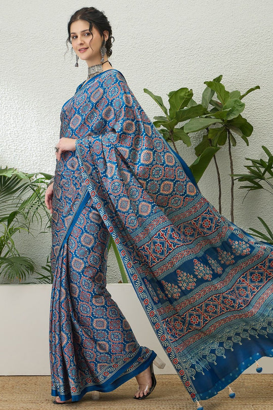 Anouk Blue Modal Classic Ajrakh Printed Ready to Wear One Minute Saree