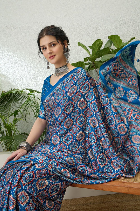 Anouk Blue Modal Classic Ajrakh Printed Ready to Wear One Minute Saree