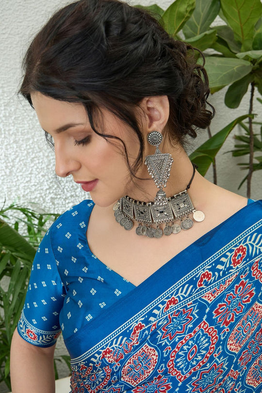 Anouk Blue Modal Classic Ajrakh Printed Ready to Wear One Minute Saree