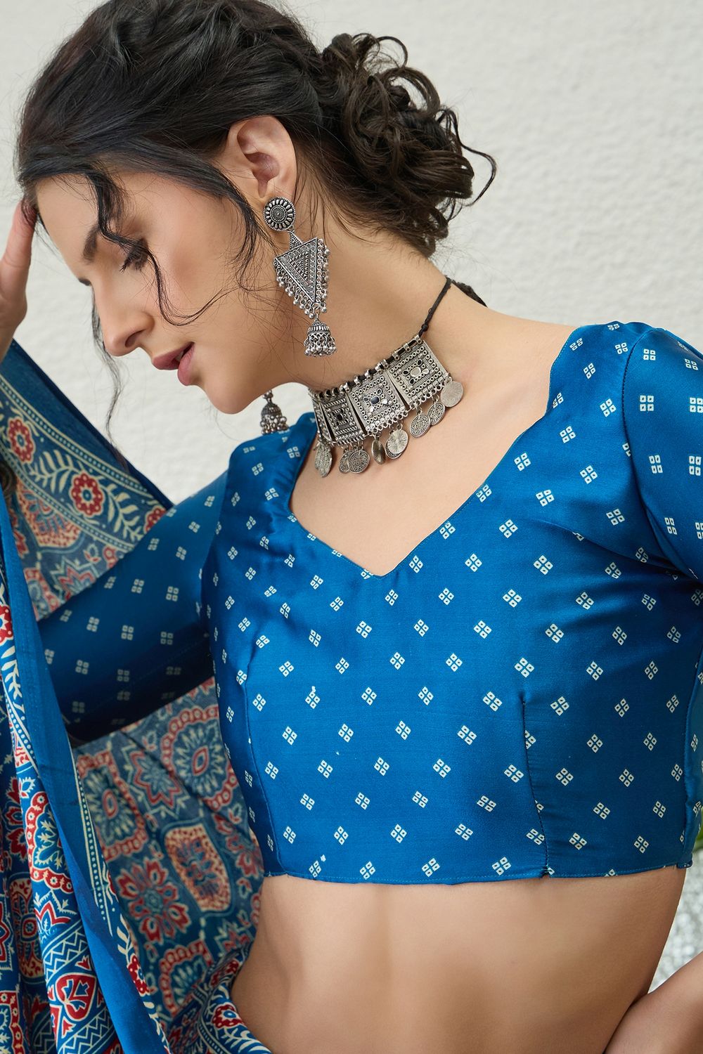 Anouk Blue Modal Classic Ajrakh Printed Ready to Wear One Minute Saree