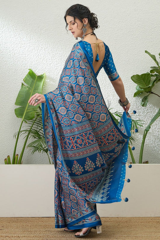 Anouk Blue Modal Classic Ajrakh Printed Ready to Wear One Minute Saree