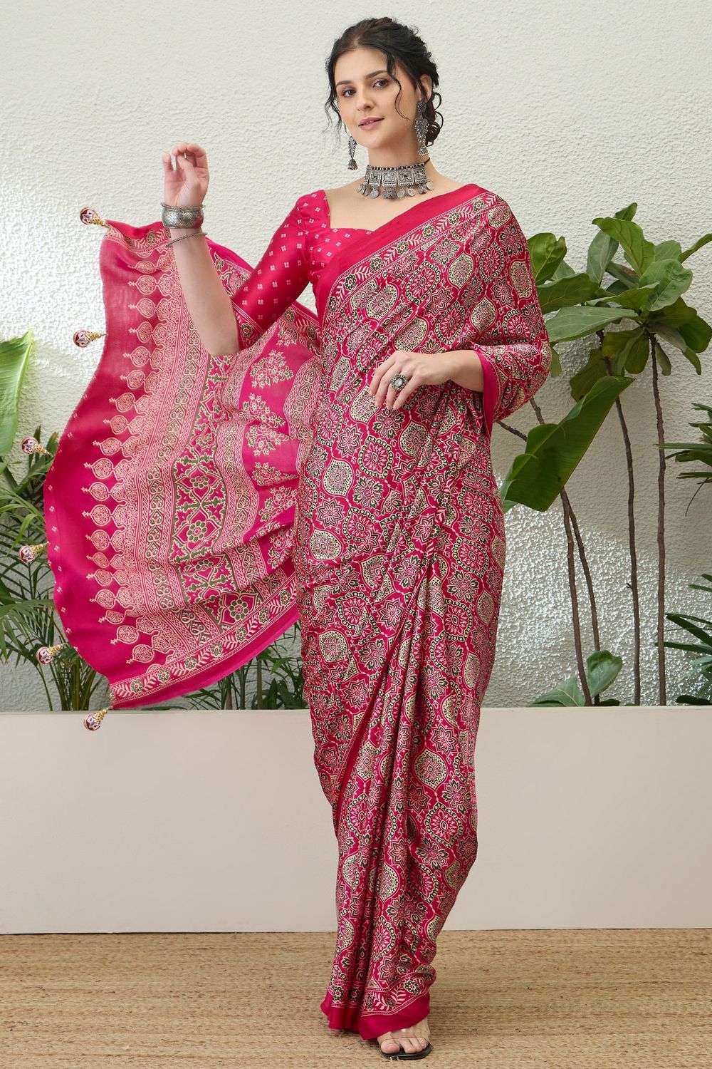 Anouk Pink Modal Classic Ajrakh Printed Ready to Wear One Minute Saree