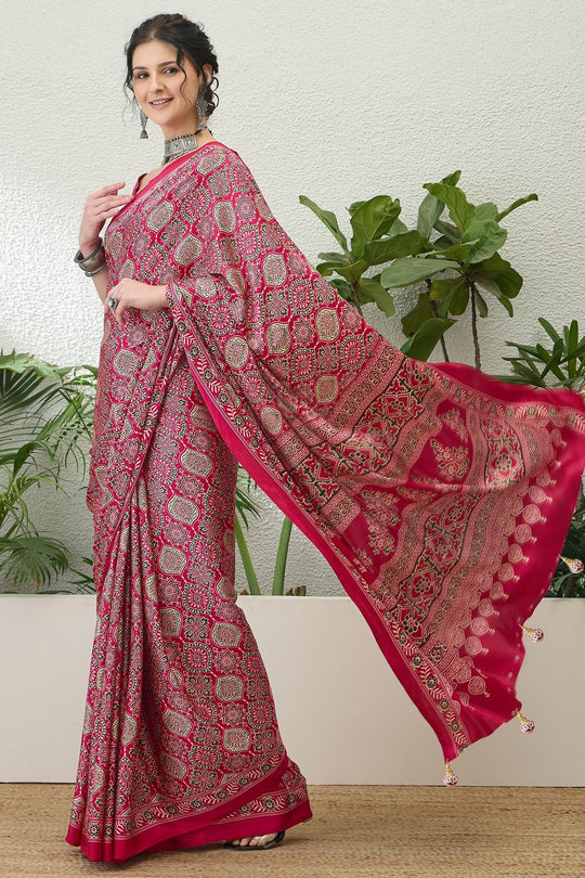 Anouk Pink Modal Classic Ajrakh Printed Ready to Wear One Minute Saree