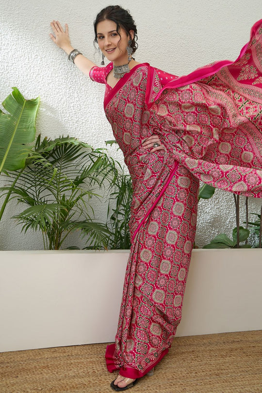 Anouk Pink Modal Classic Ajrakh Printed Ready to Wear One Minute Saree