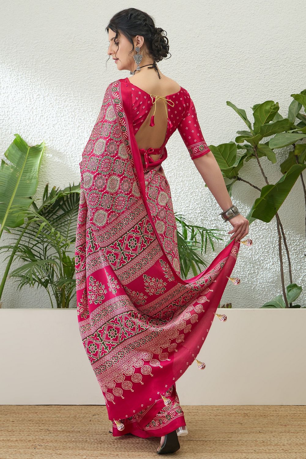 Anouk Pink Modal Classic Ajrakh Printed Ready to Wear One Minute Saree